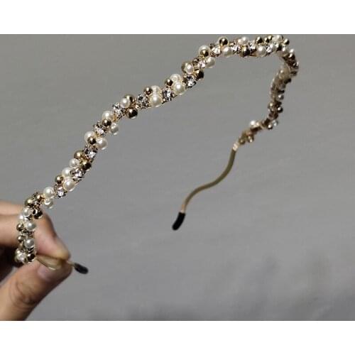 Metal Hairband Temperament Simple Imitation Pearl Diamond Hairbands Summer Alloy Thin Edge Sweet Wave Headband Hair Accessories