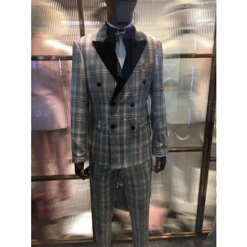 Luxury fashion wedding suits men shiny Plaid material formal double breasted slim fit groom black pointed Lapel man party Blazer