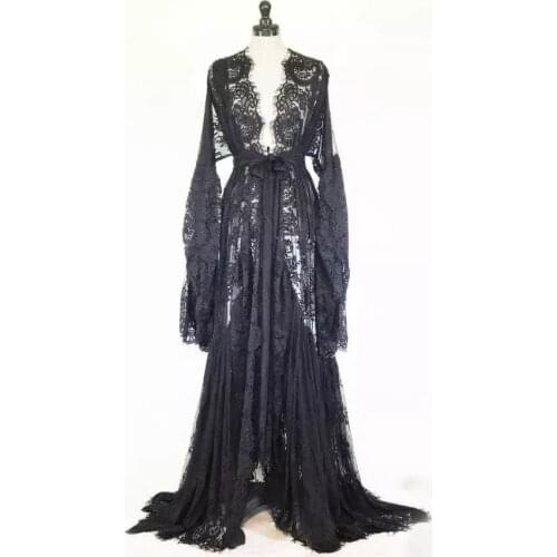 Sexy Sheer Lace Evening Robe V Neck Bridal Robe Wedding Scarf Long Puffy Sleeve Party Nightgown Bathrobe Sleepwear with Belt