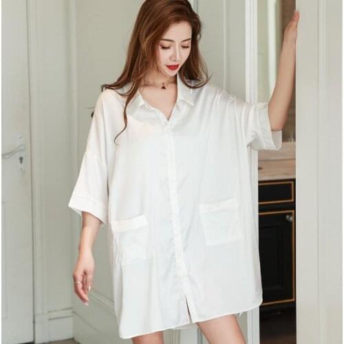 Women Satin Sleep Dress Nightwear Loose Night Shirt Home Dressing Gown White Sleepwear Casual Sleepshirt Half Sleeve Homewear