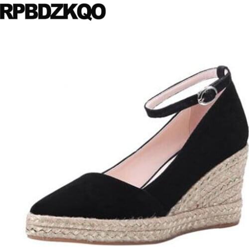 Pointed toe suede round black ladies green wedge shoes genuine leather high quality ankle strap 3 inch heels platform pumps