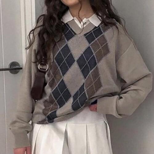 Women V Neck Long Sleeve Argyle Plaid Jumpere Autumn Winter Knit Sweater Pullover