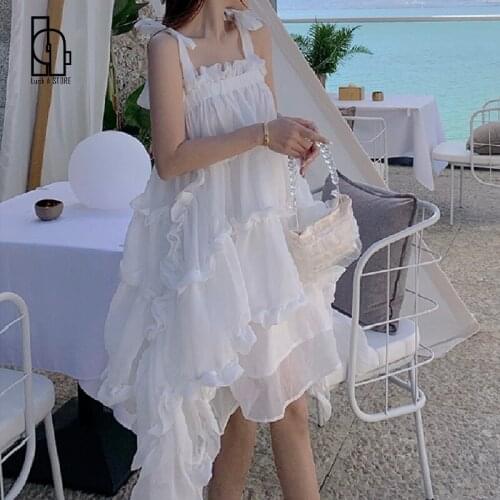 Summer 2021 Runway Ruched Ruffle Korean Fairy Casual Beach Vacation Party Vestidos Women Midi White Loose Slip Sundress Dresses