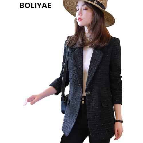 Boliyae 2021 Autumn and Winter New Suit Coat Womens Fashion Tweed Plaid Jacket Casual Single button Long Sleeve Blazer Tops