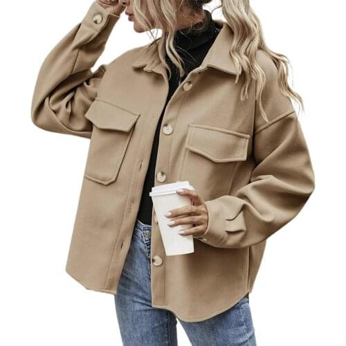 Women Jacket 2021 Solid Color Single Breasted Autumn Winter Turn-down Collar Pockets Woolen Coat for Office