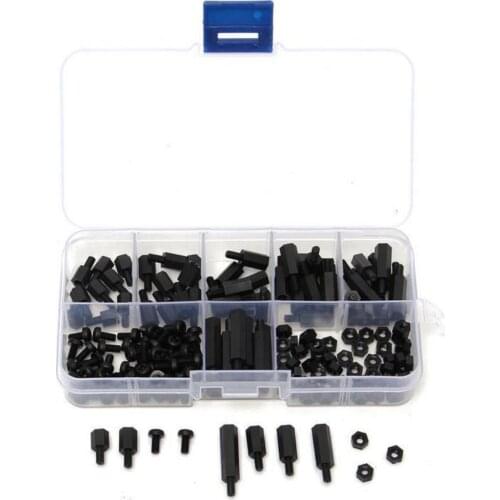 180Pcs M3 Hex Column Male-Female Standoff Spacers Screw Nut Kit Box Black Nylon