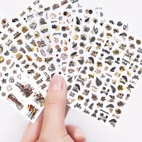 4/2pcs Set Laser Gold Silver Nail Art Sticker Self-adhensive Transfer Slider on Nails Colorful Flower Leaf Water Decals Decor