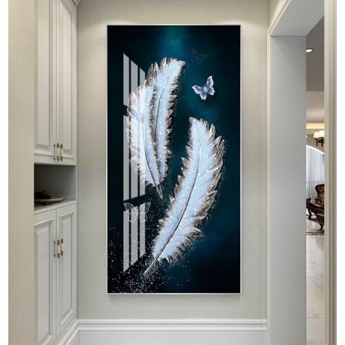 White Feather 5D Painting Crystal Porcelain Painting Golden Feather Diamond inlay Painting Living Room Dining room Home decor