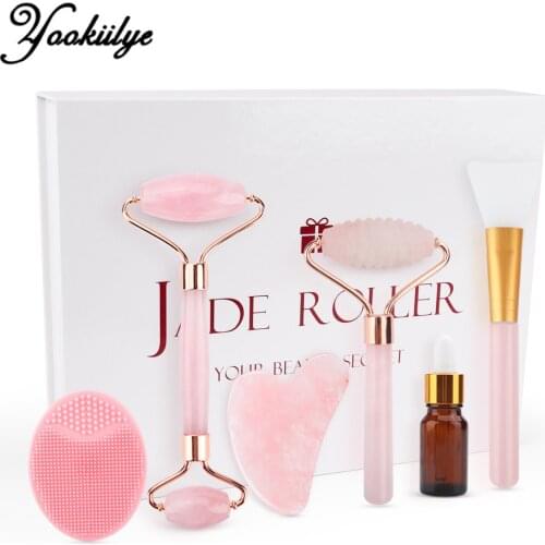 Rose Quartz Jade Roller Gua Sha Scraper Set Facial Massage Roller Face Slimming Wrinkle Removal Skin Care Tools with Gift Box