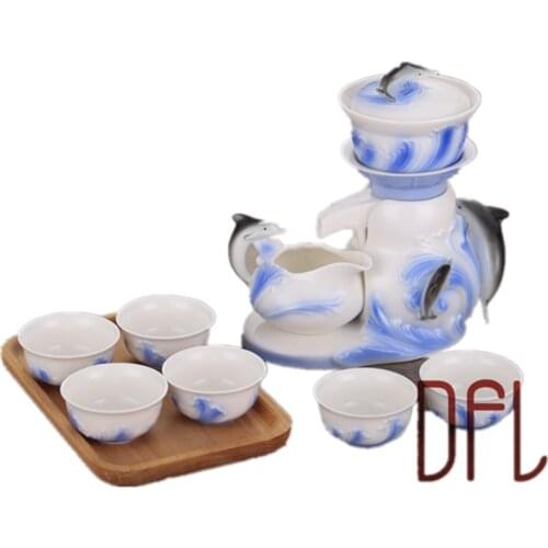 9PCS Automatic Color Enamel Tea Set Gaiwan Pot Cup Chinese Kung Fu Drinkware Creative 3D Dolphin