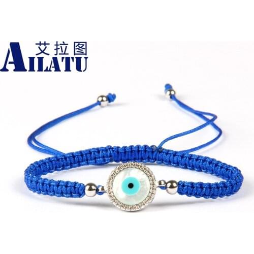 Ailatu Brand Wholesale 10pcs/lot Top Quality New Design Micro Paved Cz Shell Turkish Blue Round Eye Macrame Lucky Bracelet