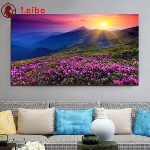 Diamond Embroidery Sunset mountain flower landscape Full Square round Diamond Mosaic Art Painting Cross Stitch Wall Decor