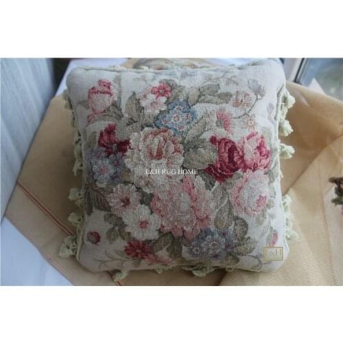 FREE SHIPPING 15K 16"X16" Needlepoint pillow, handknotted woolen cushion with roses no insertion
