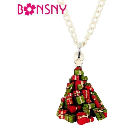 Bonsny Acrylic Christmas Gift Box Necklace Pendent Chain Festival Decorations Jewelry Lady Girl Teen Gift Hot Sale New Accessory