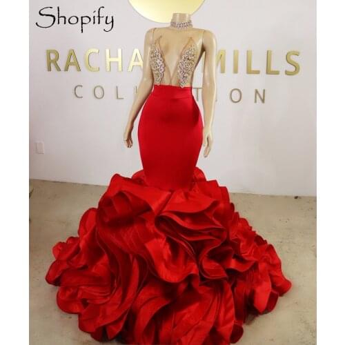 Long Red Prom Dresses 2021 Elegant Mermaid Ruffles Crystals African Black Girl Backless Satin Prom Party Gowns