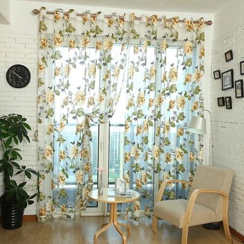 Door Blinds Window Peony Printed Transparent Tulle Curtain Room Divider Valance