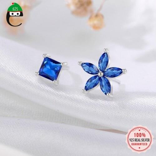 ElfoPlataSi Real 925 Sterling Silver Fashion Asymmetric Blue Flower Square CZ Stud Earrings For Women Wedding Fine Jewelry DD599