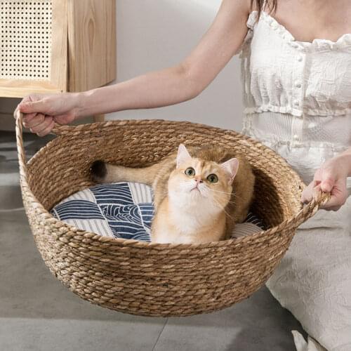Pet Bed for Cats Cat Bed Supplies Hand Woven Rattan Soft Bed Round Cat Bed Basket Nest Breathable Mat Pet Sleeping Bed Cool