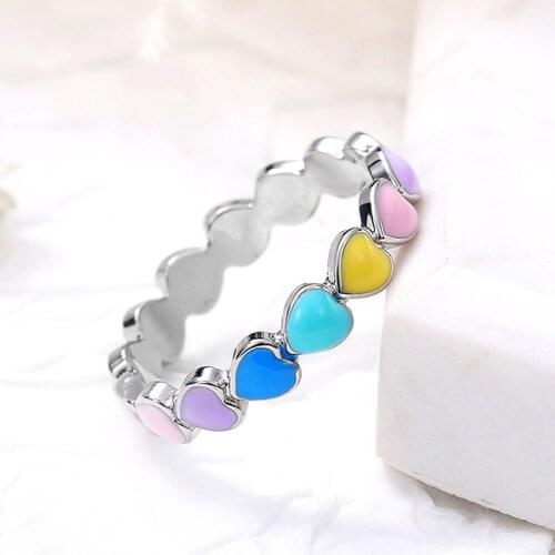 Trendy Rainbow Heart Finger Ring for Girl Women Stackable Ring with Mini Hearts Trendy Party Jewelry