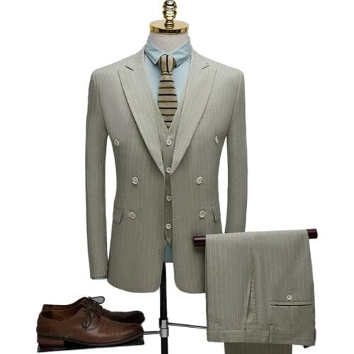 3 Pieces Stripe Suits Men Slim Fit Mens Suits Designers 2020 Light Green Burgundy Groom Wedding Suit Formal Wear