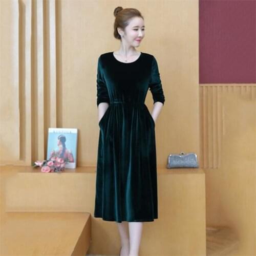 Autumn 2020 Fashion Women Velvet A-Line Dress Winter O Neck Full Sleeve Pleated Long Dress Female Elegant Party Vestidos M-7XL