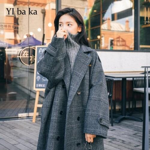 Blends Women Plaid Long Coat Pockets Single Breasted Simple Elegant Loose Ladies Streetwear All-match Womens Woolen Outwear Chic