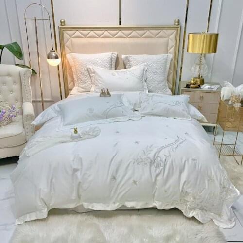 Princess Luxury Embroidered Bedding Set 600TC Egyptian Cotton Silky Queen King Size White 3D Florets Sheet Set 4Pcs for Home