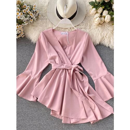 Womens Long Shirt Design Irregular Lace Up Waist Flare Sleeve V-neck Solid Temperament Tops Office Lady Women Shirts ML542