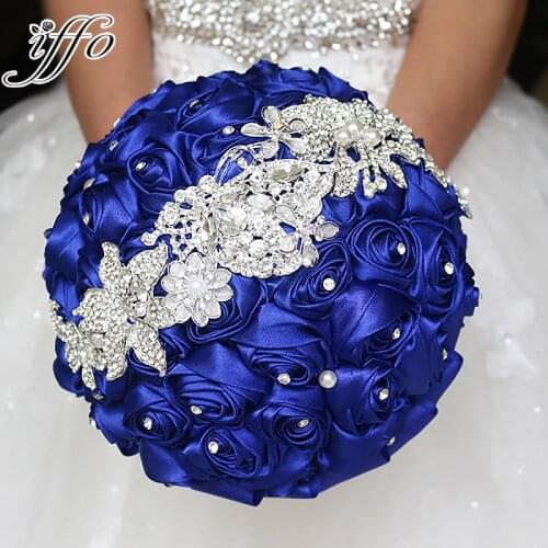 Sapphire blue brooch bouquet Silk Bride Bridal Wedding Bouquet Bridesmaid royal blue Cloth roses Customizable diamond bouquets