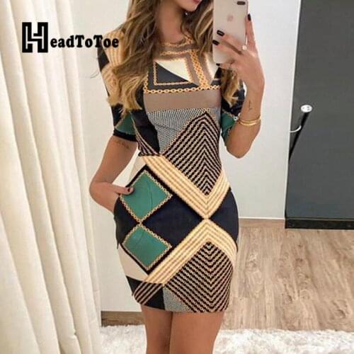 Chic Geo Print Colorblock Pocket Design Bodycon Dress Women Half Sleeve Slim Above Knee Summer Dresses
