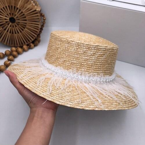 Straw hat in Europe and the wide-brim hats female small sweet wind feathers M letters joker fashion elegant ins web celebrity sh