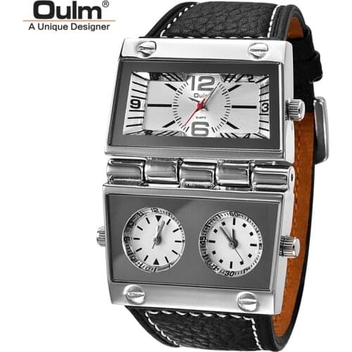 Oulm 2 Dials Unique Mens Watches Radio Design 3 Time Zone Big Watch Man Leather Strap Casual Sports Wristwatch relojes hombre