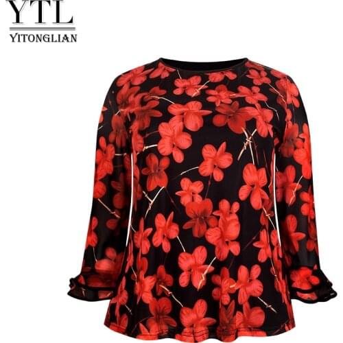 YTL Floral Tops Round Collar Flowers Plus Size Blouse Shirt Spring Autumn Long Sleeve T-shirt W022