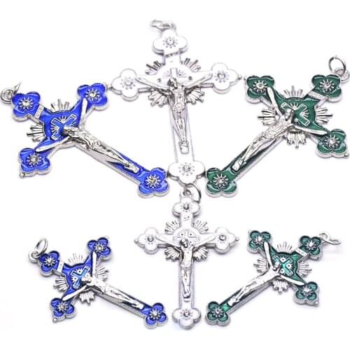 QIGO Religious Jewelry Accessories Metal Enamel Christ Jesus Cross Pendant Green Blue White