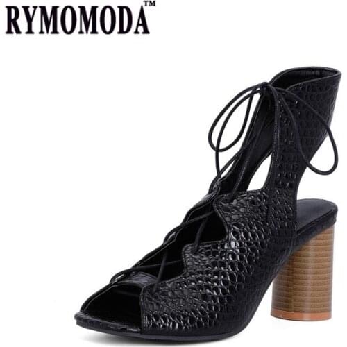 RYMOMODA PU Leather Gladiator Sandals Women 2021 Female Gladiator 8cm High Round Heels Sandles Plus Size Women Shoes 44 45 46