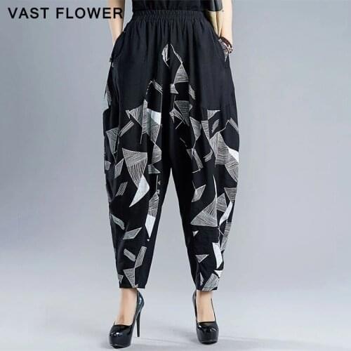 Plus Size Cotton Loose Harem Pants Women New Black Vintage Print High Waist Causal Ladies Trousers Fashion 2020 Spring Autumn
