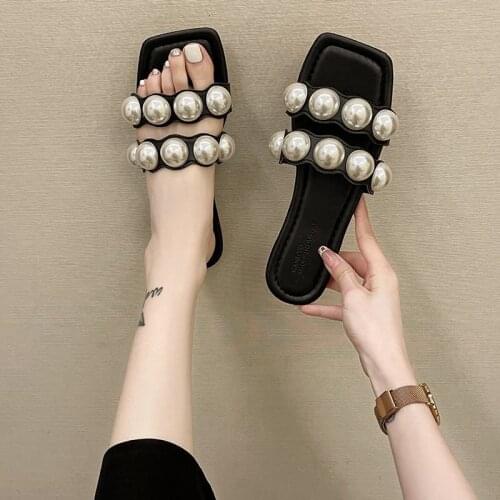 2021 Summer New Sexy Womens Shoes Pearl Inlay Flat Open Toe Low Heel Outdoor Slippers