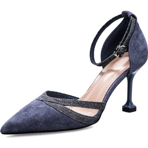 2019 New Fashion Black High-heeled Suede Color Matching Pointed Hollow Single Shoes Stiletto Baotou Word Buckle With Sandals