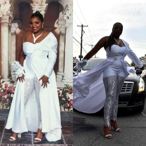 White Jumpsuits Plus Size Prom Dresses with One Shoulder Satin Detachable Train Evening Celebrity Gowns Lace Sequined