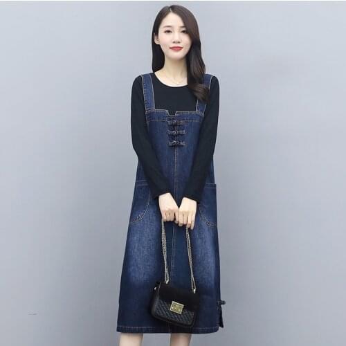 2021 Spring Autumn New High-End Denim Sling Dress Women Korean Loose Plus Size Vintage Jean Office Dresses Female Vestidos H1080