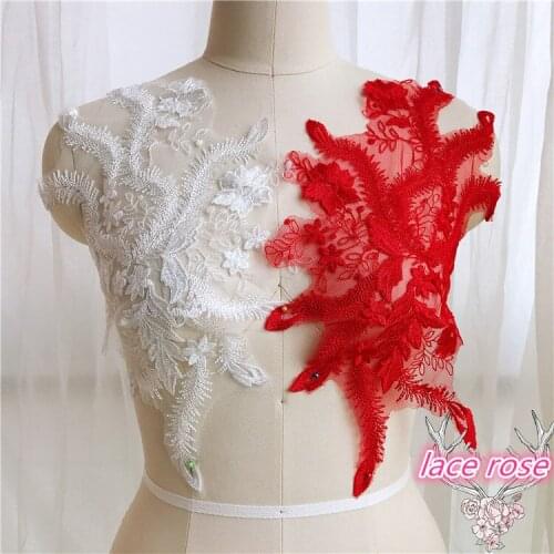 1 Pair White Red Lace Fabric Embroidery Patch Applique For Wedding Dress / Evening Skirt Supplies Sewing Accessories