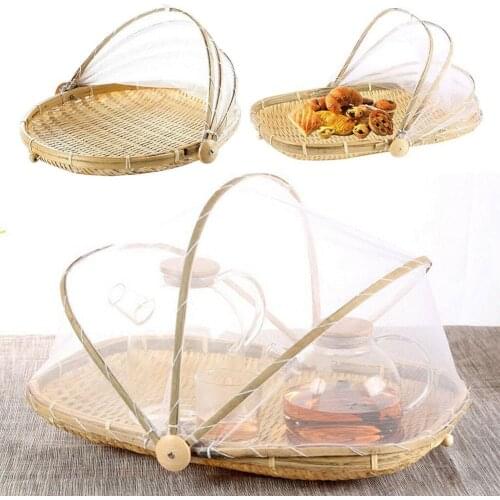 Bamboo Tent Picnic Basket Hand-Woven Tray Food Fruit Net Gauze Insect-Proof And Dust-Proof Storage Container Outdoor Picnic