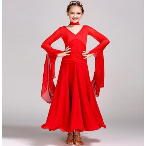 Long sleeves Standard dance dresses Red Salsa dress Girl Modern dance costume Children