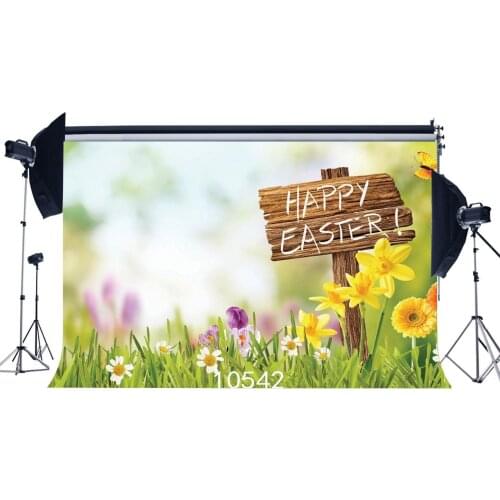 Happy Easter Backdrop Wood Plank Green Grass Meadow Fresh Flowers Nature Spring Frohe Photography Background Kid Adul