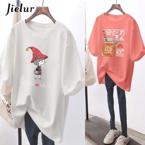 Jielur 2021 Summer Cartoon Print T-shirt Plus Size Basic Fashion 6 Color Cotton T-shirts Top Short Sleeve O-Neck Tee Shirt Women