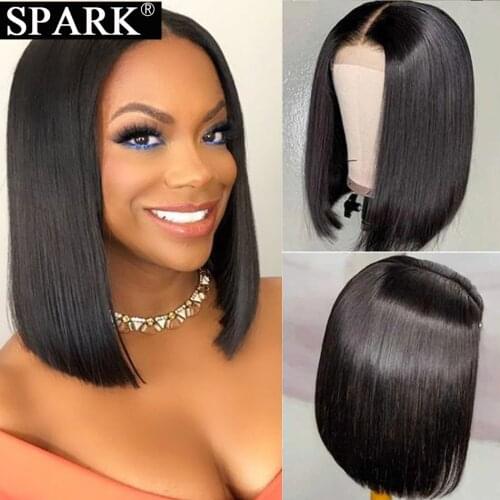 Spark Short Bob 100% Human Hair Wig Straight Brazilian 4x4 Lace Front Wigs Natural Black Color Middle Part For Black Women Remy