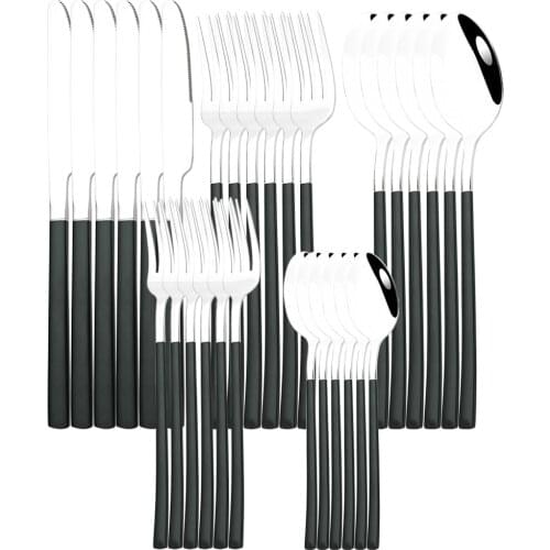 6Set/30Pcs Black Silver Dinnerware Set Stainless Steel Cutlery Knife Fork Tea Spoon Tableware Flatware Party Kitchen Silverware