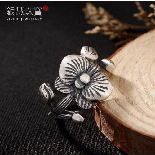 Natural 999 sterling silver retro butterfly orchid for women rings resizable sterling silver rings flower rings
