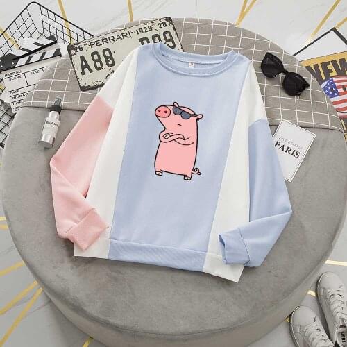 Pig Sweatshirt Color Block Long Sleeve Crewneck Sweatshirt Aesthetic Kawaii Clothes Harajuku Cartoon Hoodie Women Graphic Hoodie