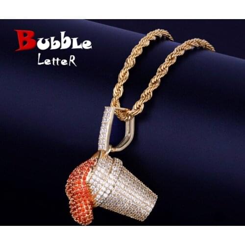 Mens Lean Red Color Cup Drank Iced Pendant Necklace Free Steel Rope Chain Gold Color Cubic Zircon Hip hop Jewelry For Gift